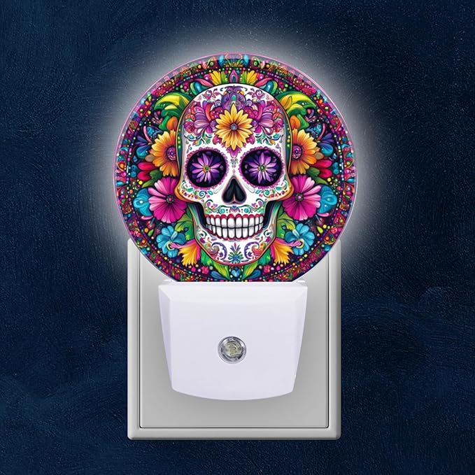 Round LED Night Lights Lamp with Dusk to Dawn Sensor, Colorful Sugar Skull with Flowers Night Light Plug Into Wall for Kids Room, Bedroom, Bathroom, Kitchen, Hallway - sugar skull table lamp
