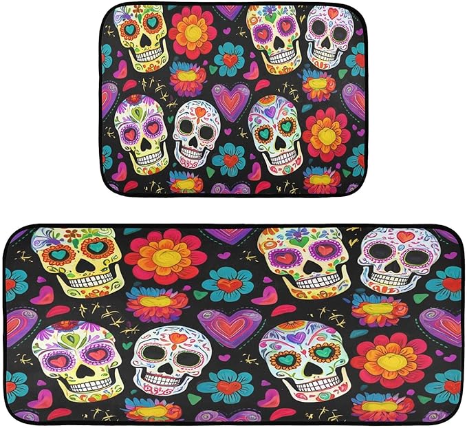 STAYTOP Dead Sugar Skulls Kitchen Mats Set of 2,Kitchen Rugs and Door MatsHoliday Party Rural Farmhouse Floor Mat for Home Kitchen - sugar skull area rug
