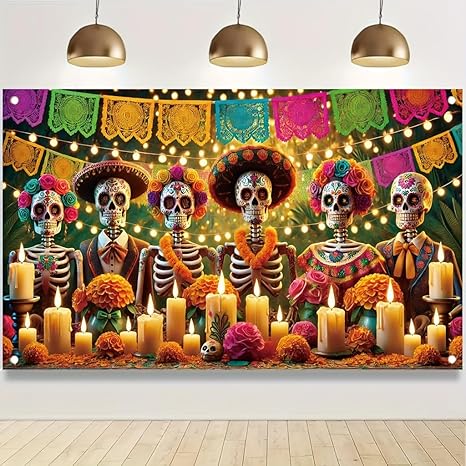 Day of the Dead Banner 71x43 Inch Colorful Sugar Skull Marigold Candle Papel Picado Decoration Photography Background for Dia de los Muertos - sugar skull candle holder