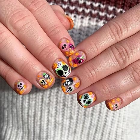 Halloween Press on Nails Short Square - 24Pcs Sugar Skull Fake Nails Nude Glossy Acrylic Gothic False Nails Cute Halloween Full Cover Stick on Nails for Women Girls Day of the Dead DIY Nail Decoration - sugar skull nail art