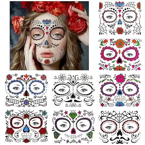 8 Pack Day of the Dead Face Tattoos Sugar Skull Temporary Tattoo Stickers for Halloween Party Cosplay Supplies - sugar skull temporary tattoo