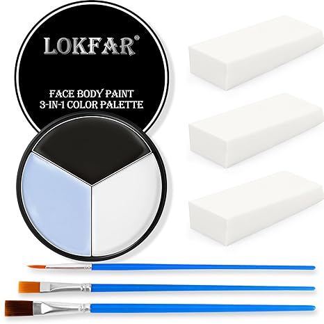 Black White Grey/Gray Face & Body Paint - Blendable Facepaint Foundation with Sponge & Brush for Skin, Professional Halloween Face Make-up Kit for Pale Zombie Skeleton Skull Mime Ghost Goth Costume - sugar skull makeup kit