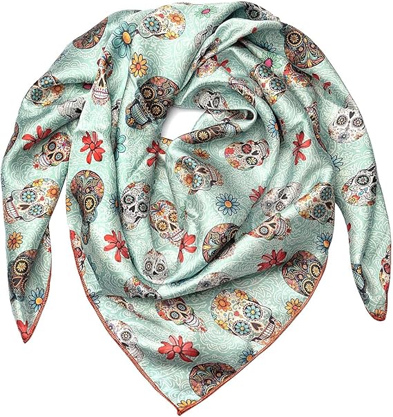Wild Rag Silk Scarf 36'', Western Cowboy Bandana Square Silky Wild Rags, Sugar Skull Pattern Scarves - sugar skull handbags for sale