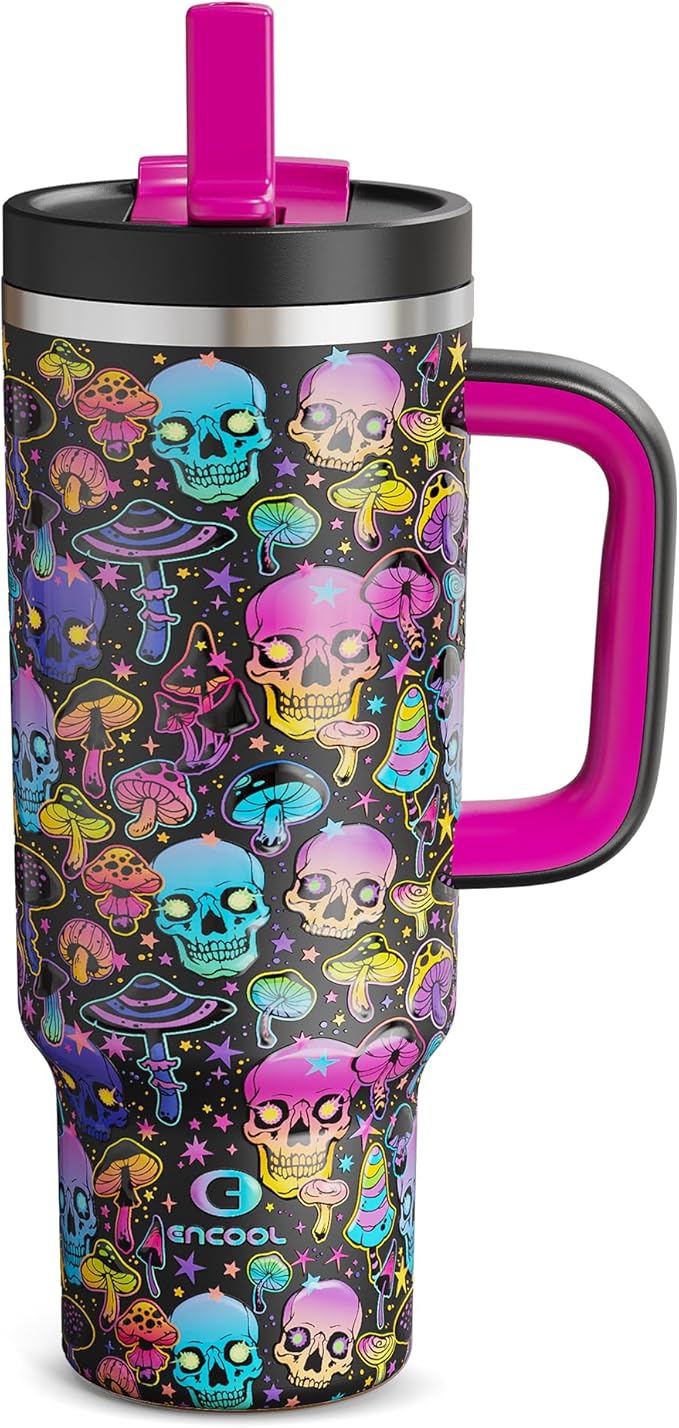 ENCOOL 40 oz Tumbler with Handle and Straw: Stainless Steel Insulated Tumbler Keeps Cold for 24 Hours, Leakproof Travel Cup Fits in Cup Holder and BPA-Free, Trippy Skulls - sugar skull tumbler with straw