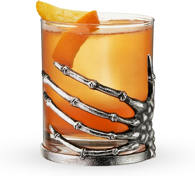 Twine Skeleton Hand Cocktail Tumbler, Gothic Whiskey Glass with Metal Skeleton Wrap, Spooky Halloween Barware for Bourbon, Cocktails & More, 10 oz., Set of 1 - sugar skull wine glass