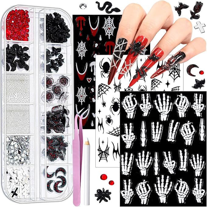 Teenitor Halloween Nail Stickers for Nail Art, 3 Sheets Nail Art Stickers with 1 Box Halloween Nail Charms, 3D Skull Nail Decals for Women - sugar skull nail art