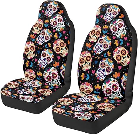 Tupalatus Sugar Skull Car Seat Cover Set of 2 Warmth Protector Front Seats Elastic Soft Automotive Interior Seat Covers All-Season Protection Fits Most Cars, Trucks, SUVs - sugar skull car seat covers set