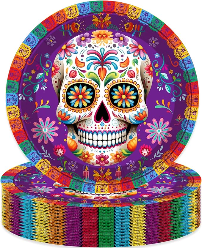 50Pcs Day of the Dead Party Supplies,7Inch Day of the Dead Plates Purple Sugar Skull Dessert Plates,Dia De Los Muertos Birthday Party Decorations (Purple) - sugar skull plates set