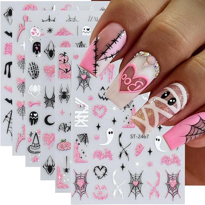 Halloween Nail Art Stickers 3D Pink Black Glitter Halloween Nail Decals 6PCS Bow Heart Spider Web Skeleton Spider 3D Self-Adhesive Nail Stickers Skull Pumpkin Scar Manicure Sliders for Nail Art Design - sugar skull nail art