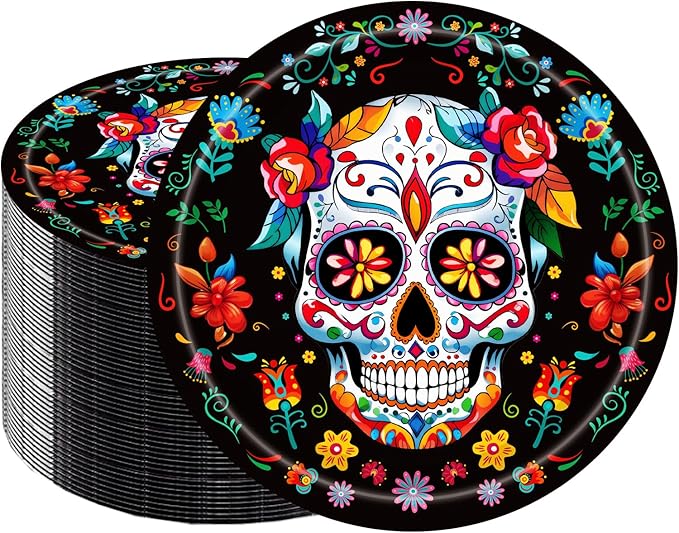 50Pcs Day of the Dead Party Supplies,7Inch Day of the Dead Plates Purple Sugar Skull Dessert Plates,Dia De Los Muertos Birthday Party Decorations (Black) - sugar skull plates set
