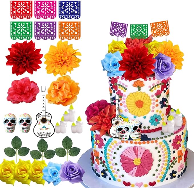 Mexican Fiesta Cake Topper Mini Papel Picado Banner Sugar Skull and Flower for Mexican Dia De Los Muertos Day of The Dead - sugar skull candle holder