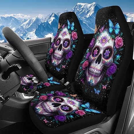 Bulopur Sugar Skull Auto Seat Covers for Trucks SUV Car Front Seat Covers Set of 2 Day of The Death Car Interior Decor Universal High Back Carseat Cover Washable Fabric - sugar skull car floor mats