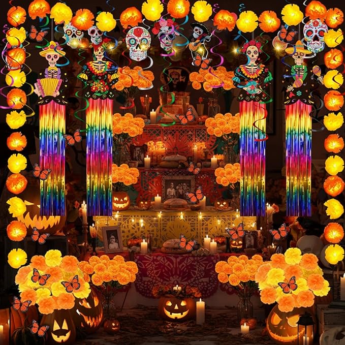 Soulchen 84 Pcs Day of The Dead Decorations Set Dia De Los Muertos Hanging Decor Sugar Skull Swirls String Light Marigold Garland Monarch Butterfly Marigold Flowers with Stem for Ofrenda Altar Decor - sugar skull christmas ornament