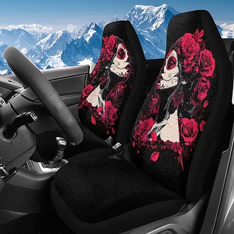 Bulopur Sugar Skull Girl Car Seat Covers Soft Plush Fluffy Automotive Seat Covers & Accessories Red Full Set Highback Bucket Seats Cover Universal Fit - sugar skull car pet seat cover