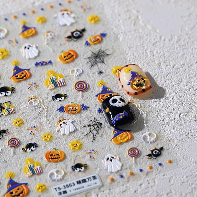 Halloween Nail Art Stickers Decals 5D Embossed Cute Ghost Nail Stickers for Nail Art Spider Web Pumpkin Design Self-Adhesive Nail Stickers Skull Candy Manicure Decorations for Women Nails Supplies - sugar skull nail art