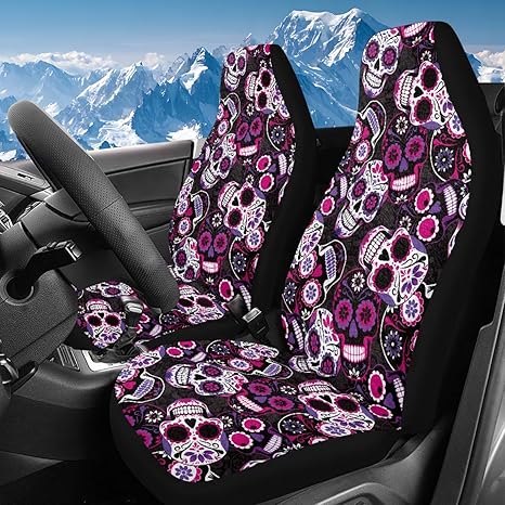Bulopur Sugar Skull Vehicle Seat Cover Cloth Soft Cold Weather Stretch Vehicle Seat Covers Comfortable Auto Bucket Cushion for Sedan Truck SUV Day of The Death Car Interior Decor - sugar skull car floor mats