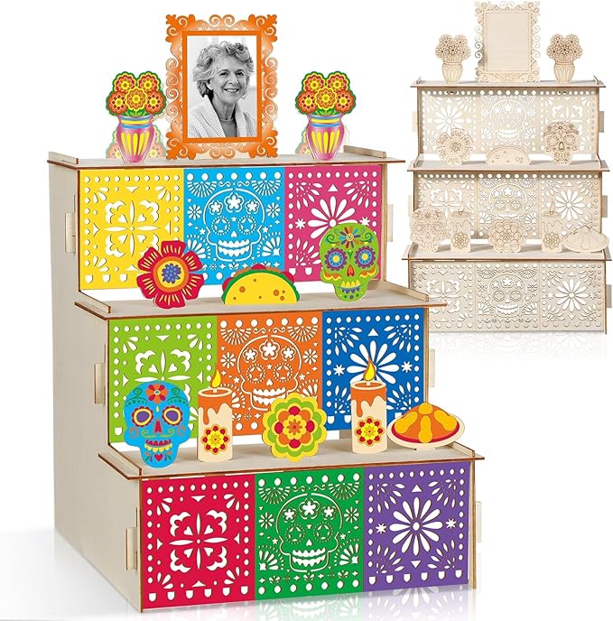 Dia De Los Muertos Altar Ofrenda Wooden Box Set Sugar Skull and Candle Papel Picado Day of The Dead Supplies with Photo Frame Remembrance Memory Shadow Gift for Dia De Los Muertos Home Decorations - sugar skull candle holder