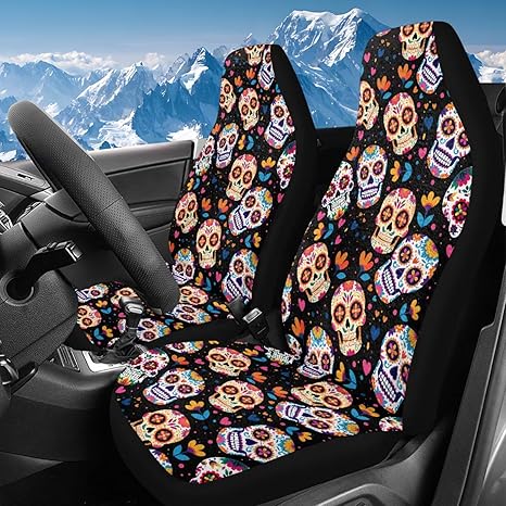 Bulopur Sugar Skull Car Seat Covers Day of The Death Car Decorations Fuzzy Warm Automotive Bucket Cover Washable Auto Front Seat Covers Fuzzy Fluffy Carseat Protector for Sedan Truck SUV - sugar skull car pet seat cover
