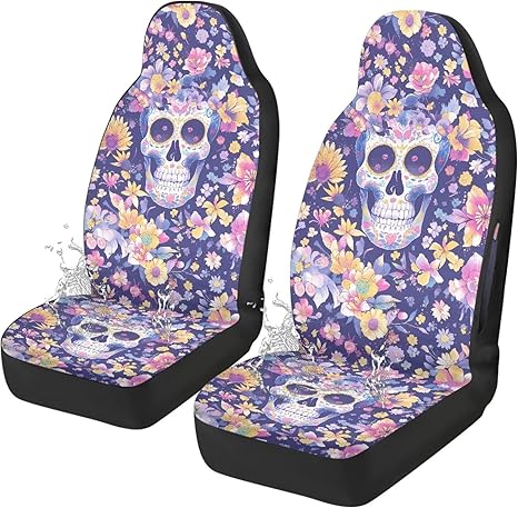 Sugar Skull Car Seat Cover Purple Watercolor Flower Skull Waterproof Airbag Compatible Auto Seats Protector Mexican Day of The Dead Universal for Truck Sedan Seat Covers - sugar skull car seat covers set