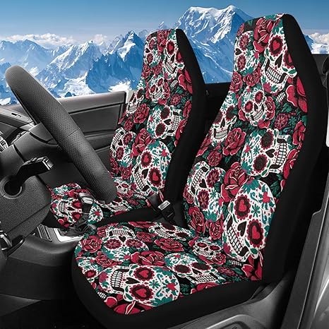 Bulopur 2 Pack Car Seat Covers Soft Fluffy Sugar Skull Red Rose Automotive Bucket Seat Covers Thick Warm Auto Drive Seats Cover Removable Car Interior Decor Universal for Most Cars SUV Truck - sugar skull car pet seat cover