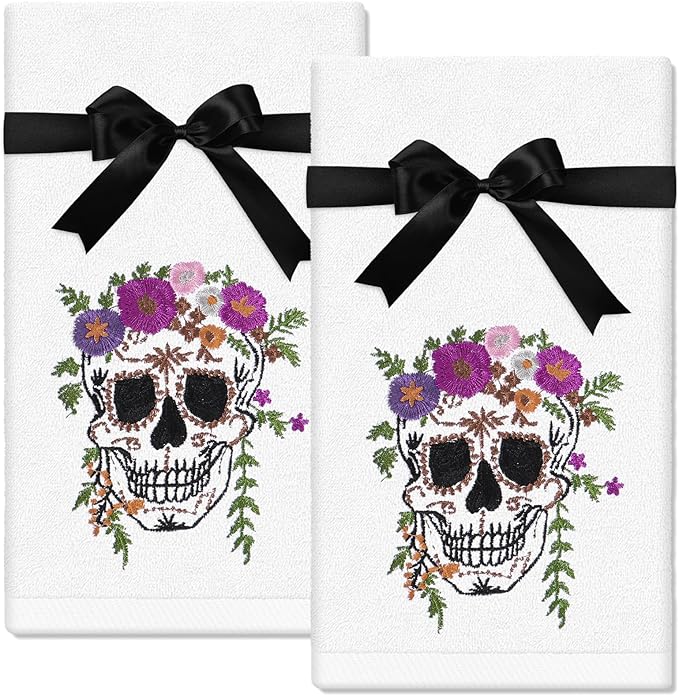 2 Pcs Halloween Skull Hand Towels Flower Skull Embroidered Cotton Towel Dish Towel with Ribbon for Kitchen Bathroom Drying Cleaning, 29.5 x 13.7 Inch - sugar skull beach towel