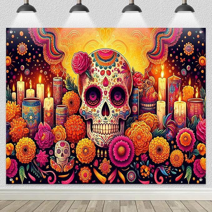 Día de Los Muertos Backdrop Banner Sugar Skull Flowers Candles Colorful Día de Los Muertos Decor Supplies 8x6ft Perfect for Cultural Indoor Outdoor Party Wall Background - sugar skull nail art