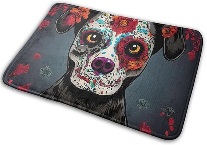 Anti-Skid Memory Foam Tub Shower Bath Rug Day Dead Dog Sugar Skull Flower Art Home Decor Nursery Rugs Indoor & Outdoor Entrance Rug, Machine Washable/Fast Drying Doormat - sugar skull floor mat