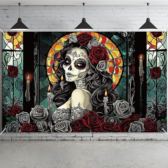 Dia De Los Muertos Banner 71x43 Inch Day of the Dead Banner Gothic Halloween Mexican Fiesta Party Decor Sugar Skull Rose Decoration for Mexican Fiesta Party Wall Indoor Outdoor Supplies - sugar skull canvas wall art