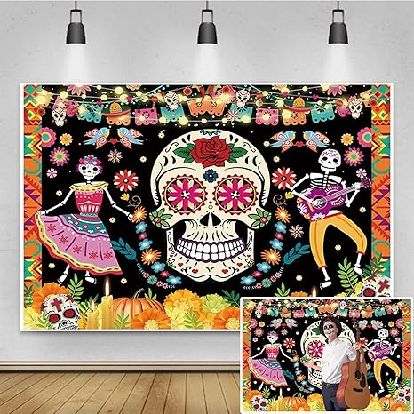 Renaiss 5x3ft Day of The Dead Backdrop Mexican Fiesta Sugar Skull Marigold Paper Cutting Dia de Los Muertos Carnival Dress-Up Party Decoration Banner Cake Table Photo Booth Photography Background - sugar skull nail art