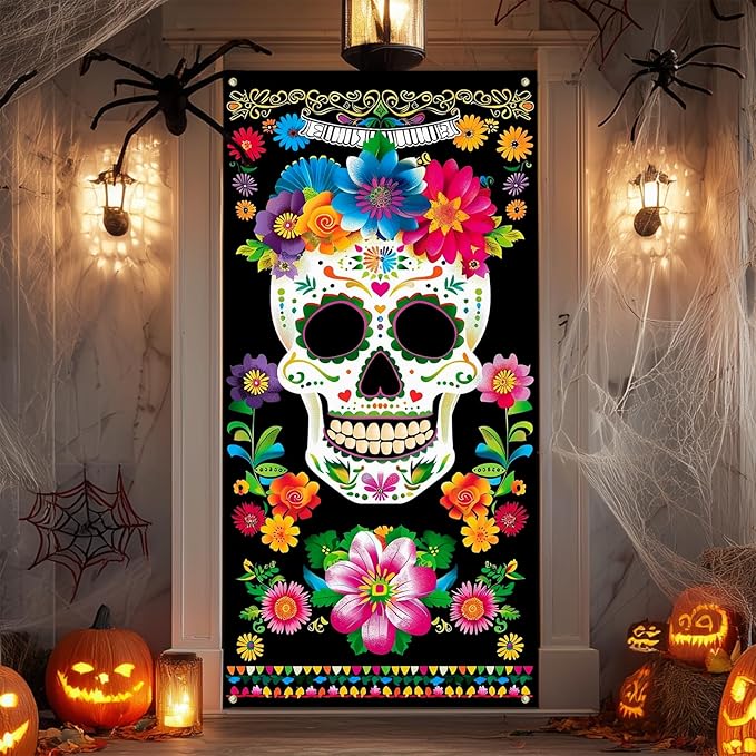 INV Day of The Dead Door Cover 35x71 Inch Double Sided Festive Door Decoration with Colorful Sugar Skull, Floral Wreaths & Mexican Folk Art Elements for Indoor Outdoor Holiday Party Decor - sugar skull wreath for front door