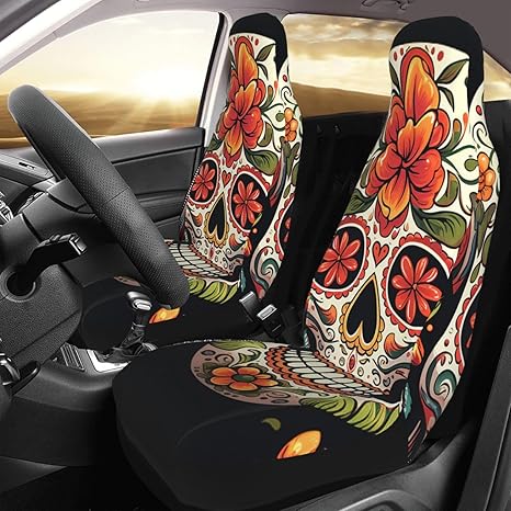 Colorful Sugar Skull Front Seat Covers, Car Seat Covers Only Front Seats, Vehicle Seat Protector Covers for Cars, Universal Front Seat Protective Cover for Cars, Sedan, Truck, SUV 2 Pieces - sugar skull car seat covers set