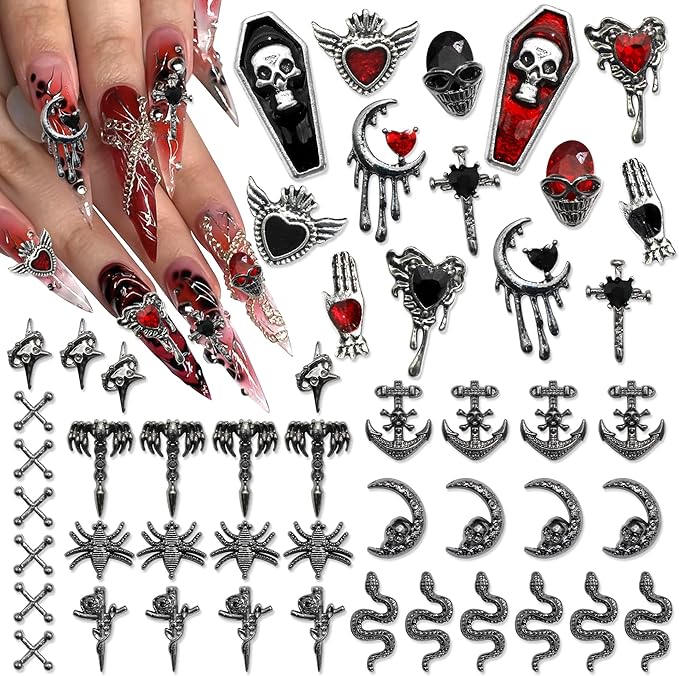 RODAKY 50Pcs Halloween Nail Charms 3D Skull Spider Charm and Gems Black Red Cross Snake Nails Art Jewels Multi Shapes Dark Gothic Accessories for Manicure Design Craft DIY - sugar skull nail art