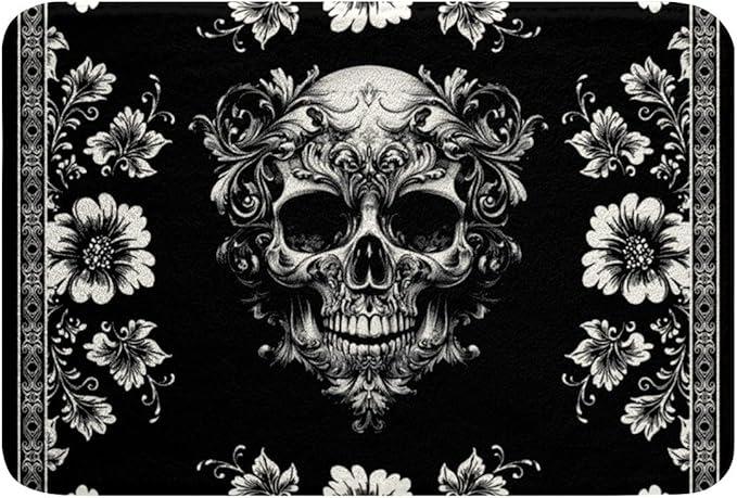 Erosebridal Sugar Skull Bathroom Rug 16"x 24",Halloween Skull Bath Mat,Gothic Skeleton Doormats Floor Mat,Vintage Floral Non Slip Bath Rug - sugar skull floor mat
