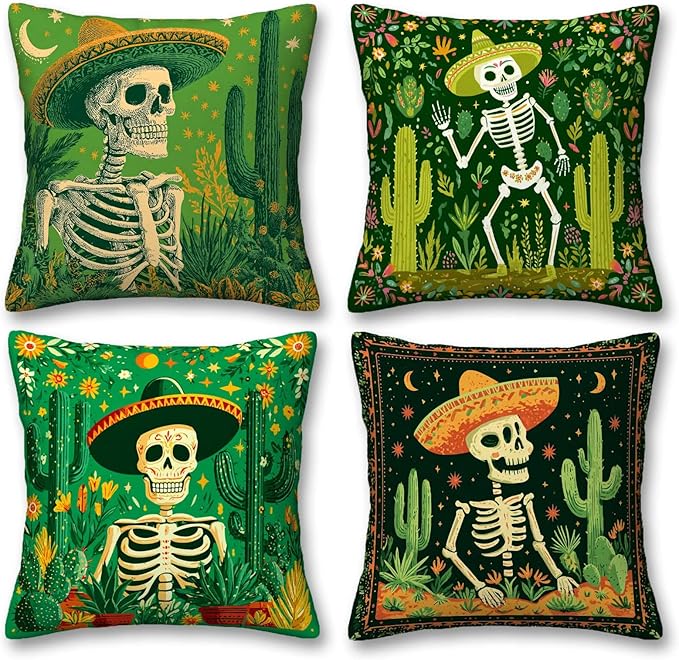Day of The Dead Throw Pillow Covers | 18x18 Set of 4 Decorative Sugar Skull Cushion Covers | Plush Sofa Couch Square Pillow Case for Christmas and Halloween Decor - sugar skull christmas decorations