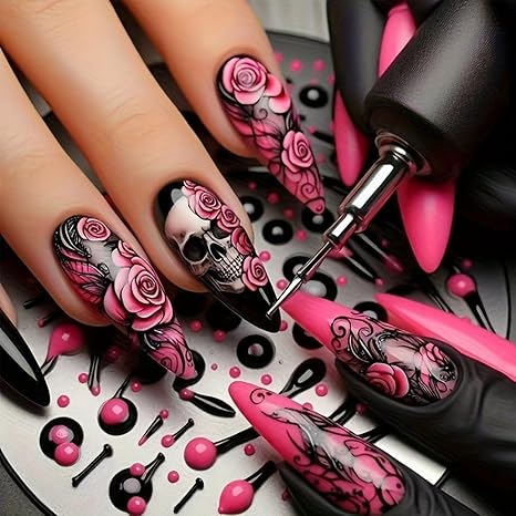 24Pcs Glossy Halloween Press on Nails Medium Almond Horror Skull Skeleton Flowers Fake Nails with Rose Design Black Pink Goth Full Cover Stick on Nails for Women Nail Decorations - sugar skull nail art