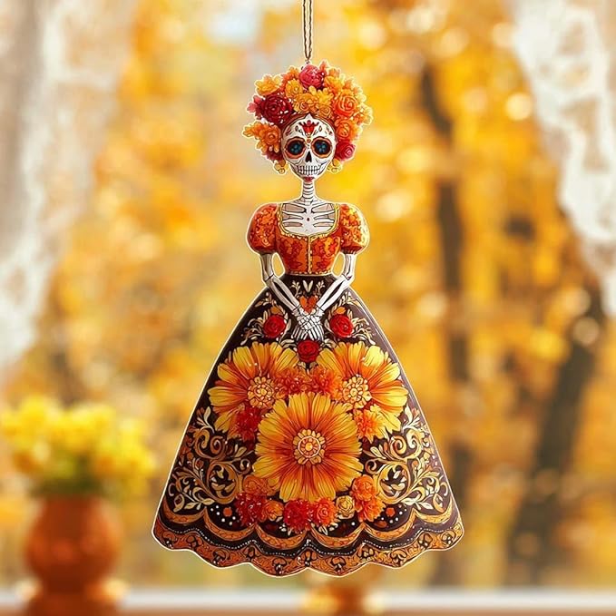 Day of The Dead Sun Catcher – Sugar Skull Faux Stained Glass Hanging, Dia de Los Muertos Window Decor, Halloween Skeleton Ornament, Fall Seasonal Decoration - sugar skull christmas ornament