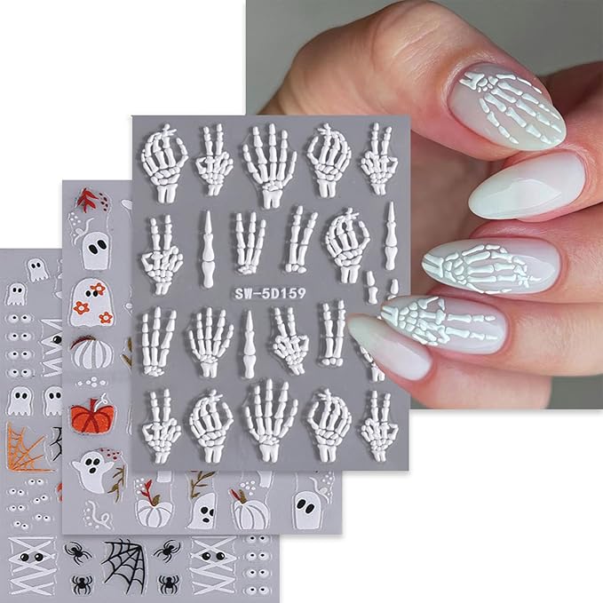 Halloween Nail Art Stickers Decals Ghost Pumpkin Spider Nails Sticker 5D Embossed Skull Hand Nails Decals Self-Adhesive Spider Web Eye Nail Art Decal for Women Halloween Decor - sugar skull nail art
