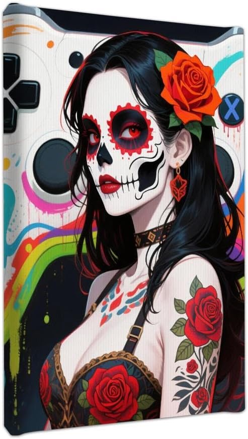 Canvas Wall Art Mexican Sugar Skull Artistic Room Transformation Bedroom Canvas Wall Print Vintage Retro Wall Artwork Smooth Texture Day of the Dead Girl with Rose Tattoo on Gamepad 24x36 inch - sugar skull poster print