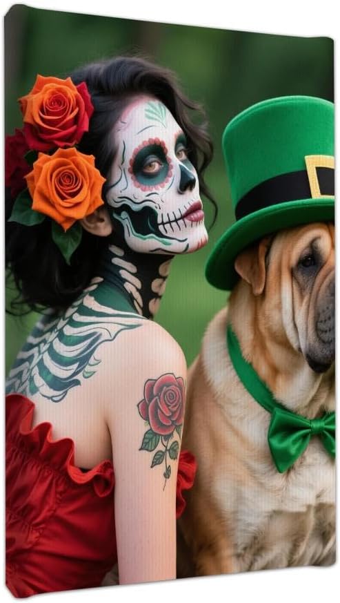 Canvas Wall Art Mexican Sugar Skull Wall Hanging Art Print Home Office Wall Decor Minimalist Neutral Tone Poster Smooth Texture Skull Face Woman with Rose Tattoos and Dog in Green Hat 24x36 inch - sugar skull poster print