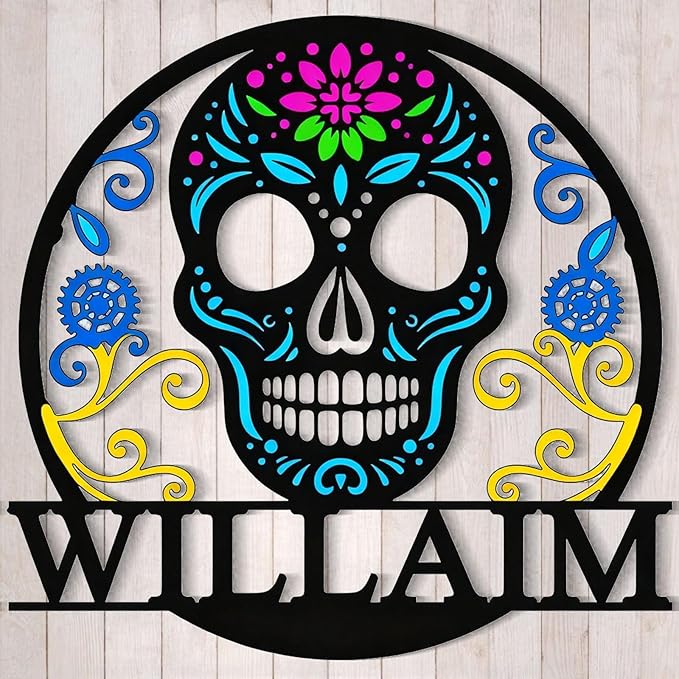 Custom Sugar Skull Wall Sign – Personalized Metal Sugar Skull Decor for Room | Dia de los Muertos Art, Rustic Home Decor, Unique Gift | 8-24 Inches (SKULL B) - sugar skull canvas wall art