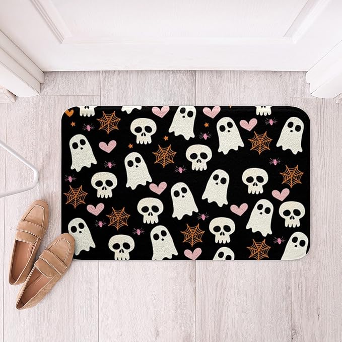 Erosebridal Sugar Skull Bathroom Rugs 16" x 24" Spider Web Ghost Bath Mat Spider Pink Love Heart Doormat Stars Cartoon Happy Halloween - sugar skull toilet mat set