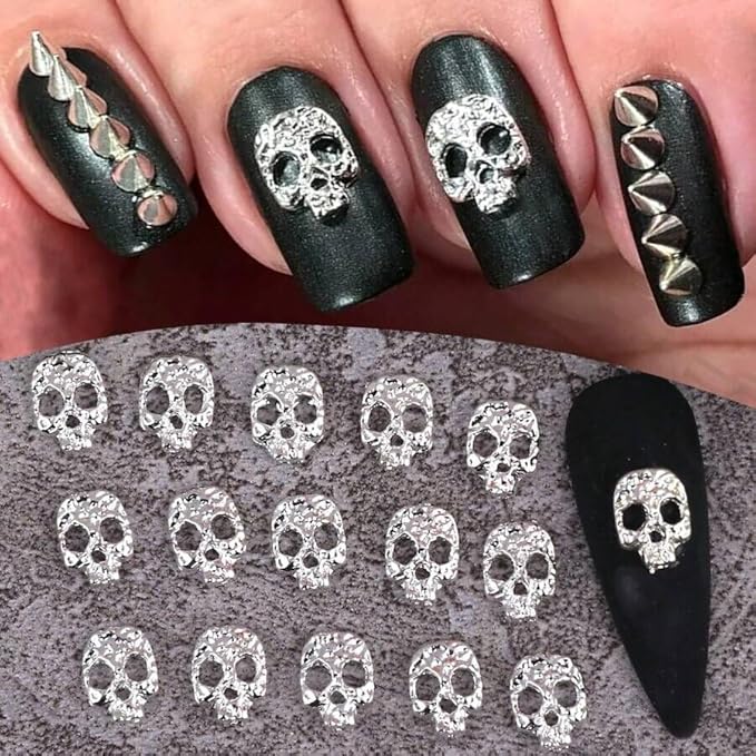 20PCS Halloween Nail Charms for Acrylic Nails 3D Silver Alloy Nail Art Charms Cute Skeleton Head Nail Art Gems and Charms Halloween Nail Jewelry Head Nail Rhinestones Supplies for DIY Manicure - sugar skull nail art