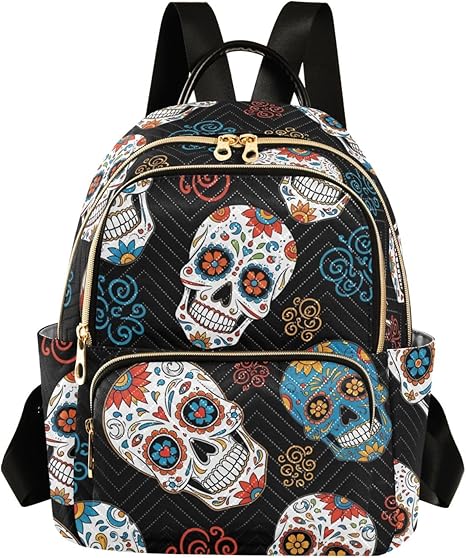 Day Of The Dead Sugar Skull Halloween Backpack Purse for Women Girls Black Fashion Ladies Small Back Pack Purse for Traveling Work College M - best sugar skull backpack