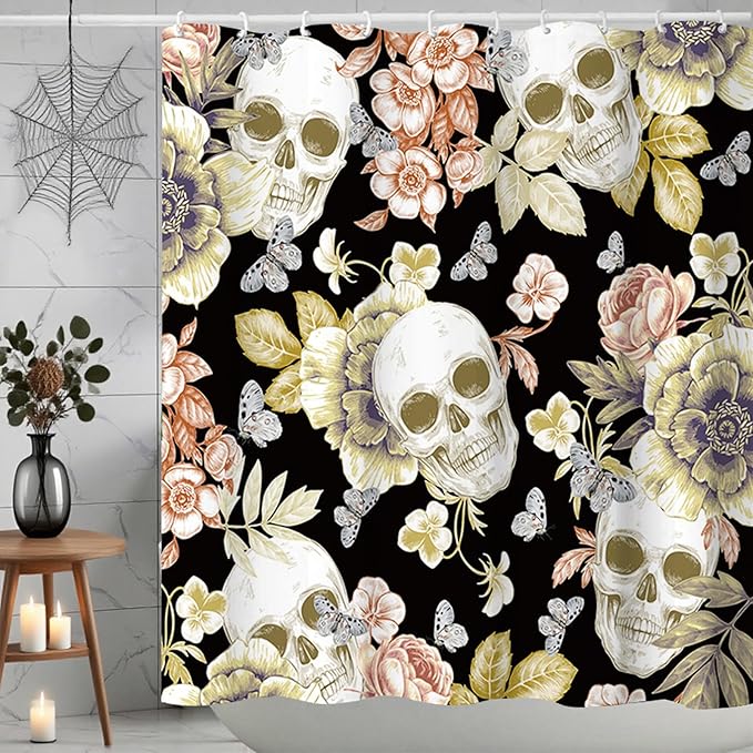 Sugar Skull Shower Curtain, Gothic Halloween Horrier Skeleton Shower Curtains for Urban Apartment Bathroom Decor Quick-Dry Fabric Cloth Machine-Washable Waterproof, Halloween Bathroom Decor - sugar skull shower curtain set