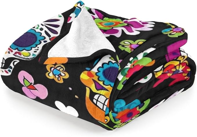 Sugar Skull Throw Blanket, Mexico Colorful Flowers, Halloween Blankets Fuzzy Gifts for Sofa Couch Bedroom (40“ x 30”) - sugar skull throw blanket