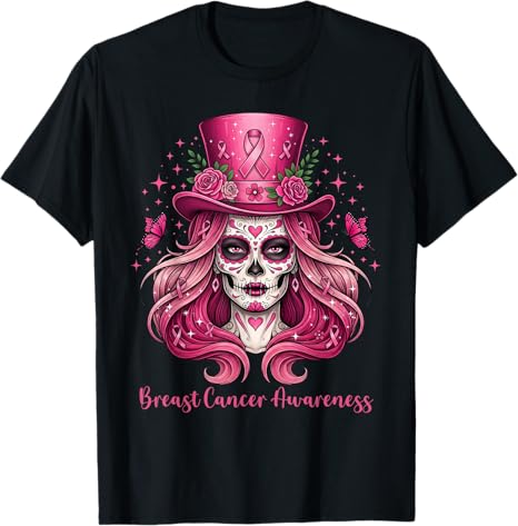 Sugar Skull Breast Cancer Awareness Skeleton Women - sugar skull t-shirt womens