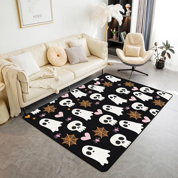 Erosebridal Sugar Skull Area Rug 6'6" x 4'11" Spider Web Ghost Living Room Rugs Spider Pink Love Heart Decorative Carpet Stars Cartoon Happy Halloween Indoor Floor Mat - sugar skull area rug