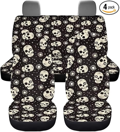 Skull Sun Stars Car Seat Covers 4Pcs Front & Rear Breathable Seat Covers Universal Fits for Truck, Sedan, SUV Auto Interior Protector Car Accessories Halloween Decor - sugar skull car pet seat cover
