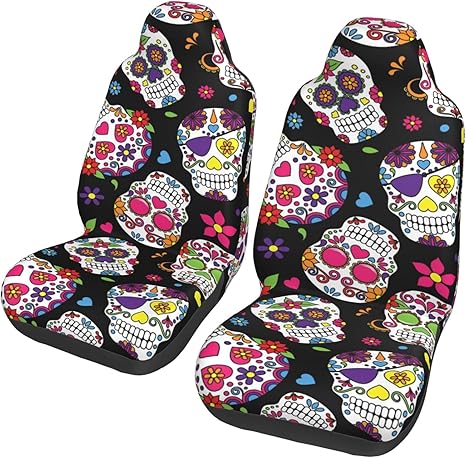 Day of The Dead Sugar Skull Universal Bucket Seat Covers 2-Piece Set - Breathable Fabric, 60-Second Install for Cars/Trucks/Suvs, Spill & Pet Protection - sugar skull car pet seat cover