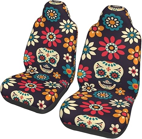 Halloween Ghost Sugar Skull Universal Bucket Seat Covers 2-Piece Set - Breathable Fabric, 60-Second Install for Cars/Trucks/Suvs, Spill & Pet Protection - sugar skull car pet seat cover